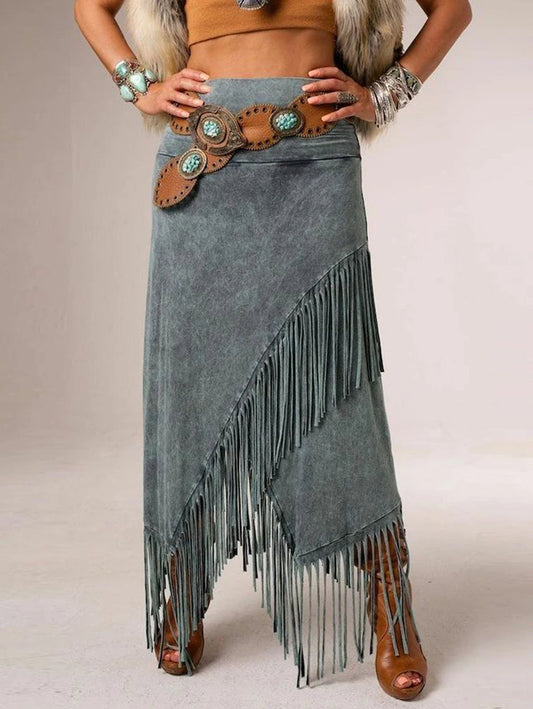 Nadira | Bohemian Maxi Skirt with Asymmetrical Hem and Fringe Detail