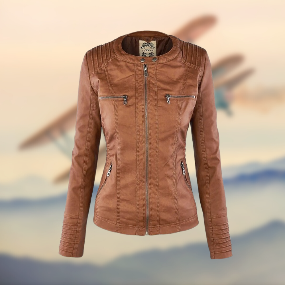 Carys | Leather Jacket with Zipper Pockets and Hood