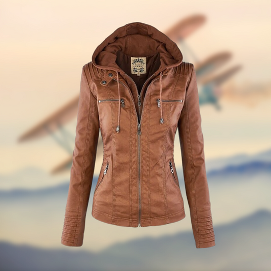 Carys | Leather Jacket with Zipper Pockets and Hood