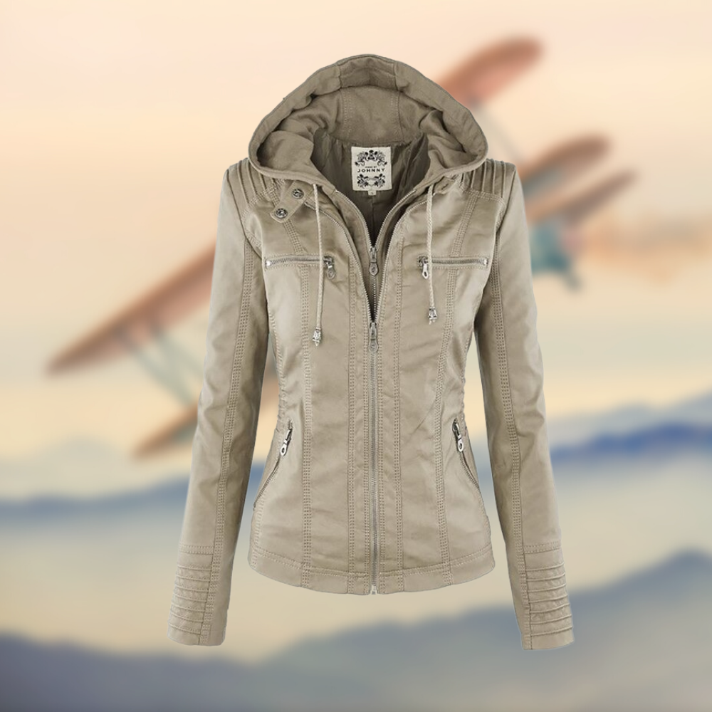 Carys | Leather Jacket with Zipper Pockets and Hood
