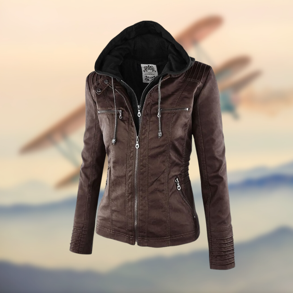 Carys | Leather Jacket with Zipper Pockets and Hood