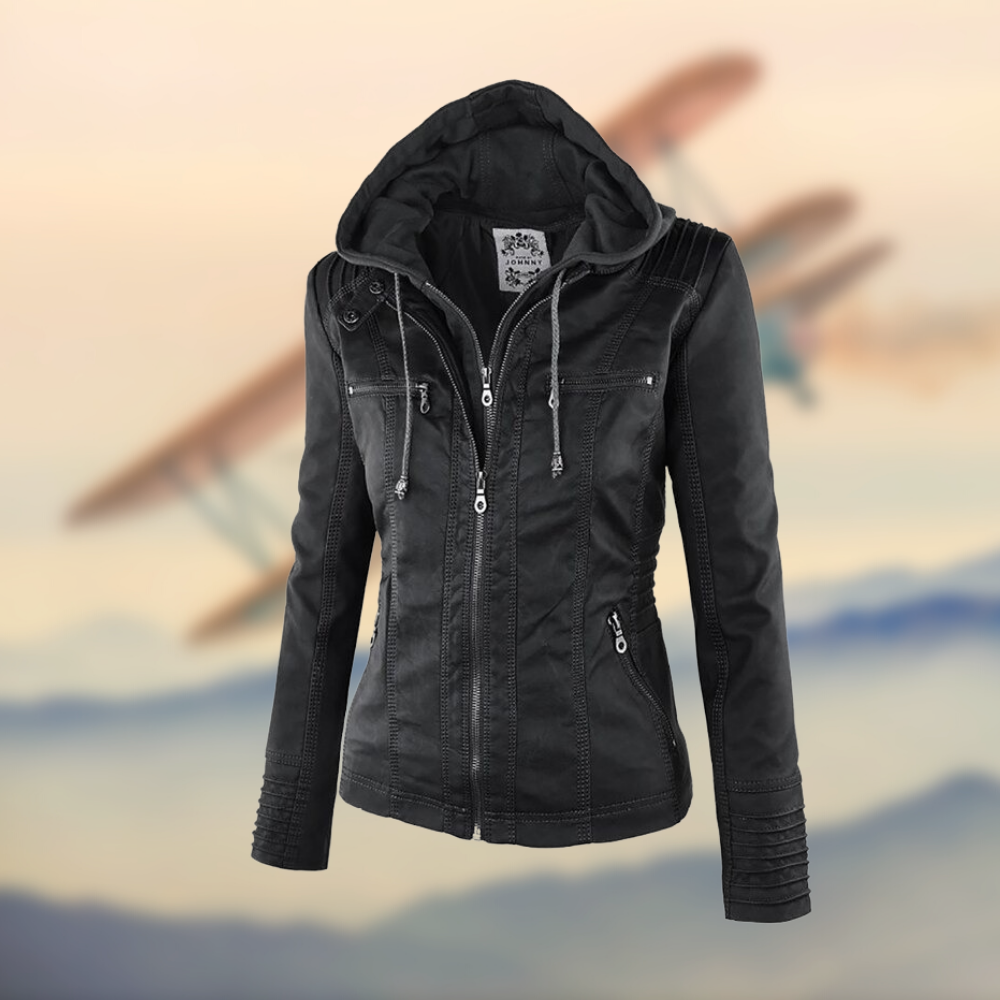 Carys | Leather Jacket with Zipper Pockets and Hood