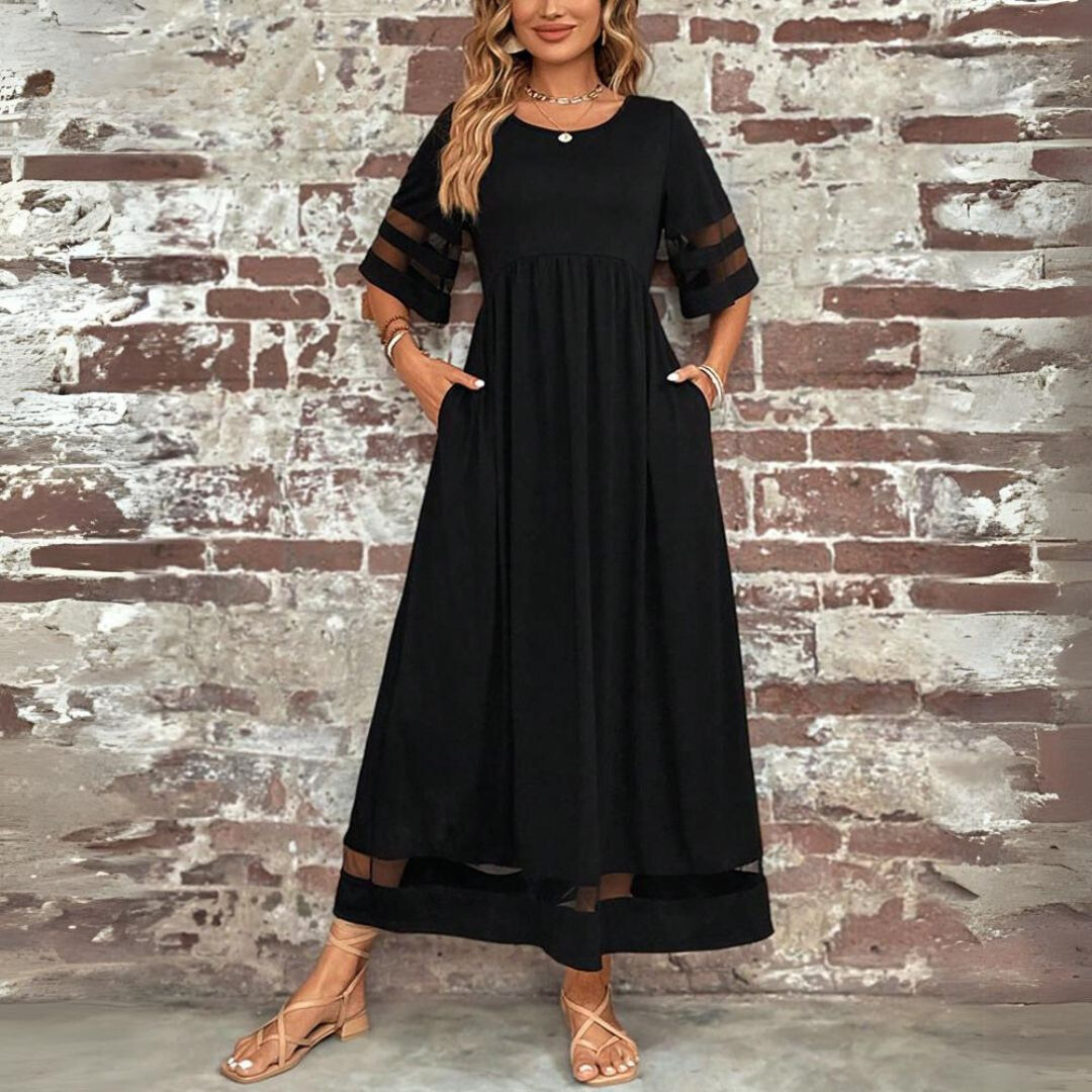 Leocadia | Solid-Tone Empire Waist Midi Sundress with Three Quarter Sleeves and Mesh Detail