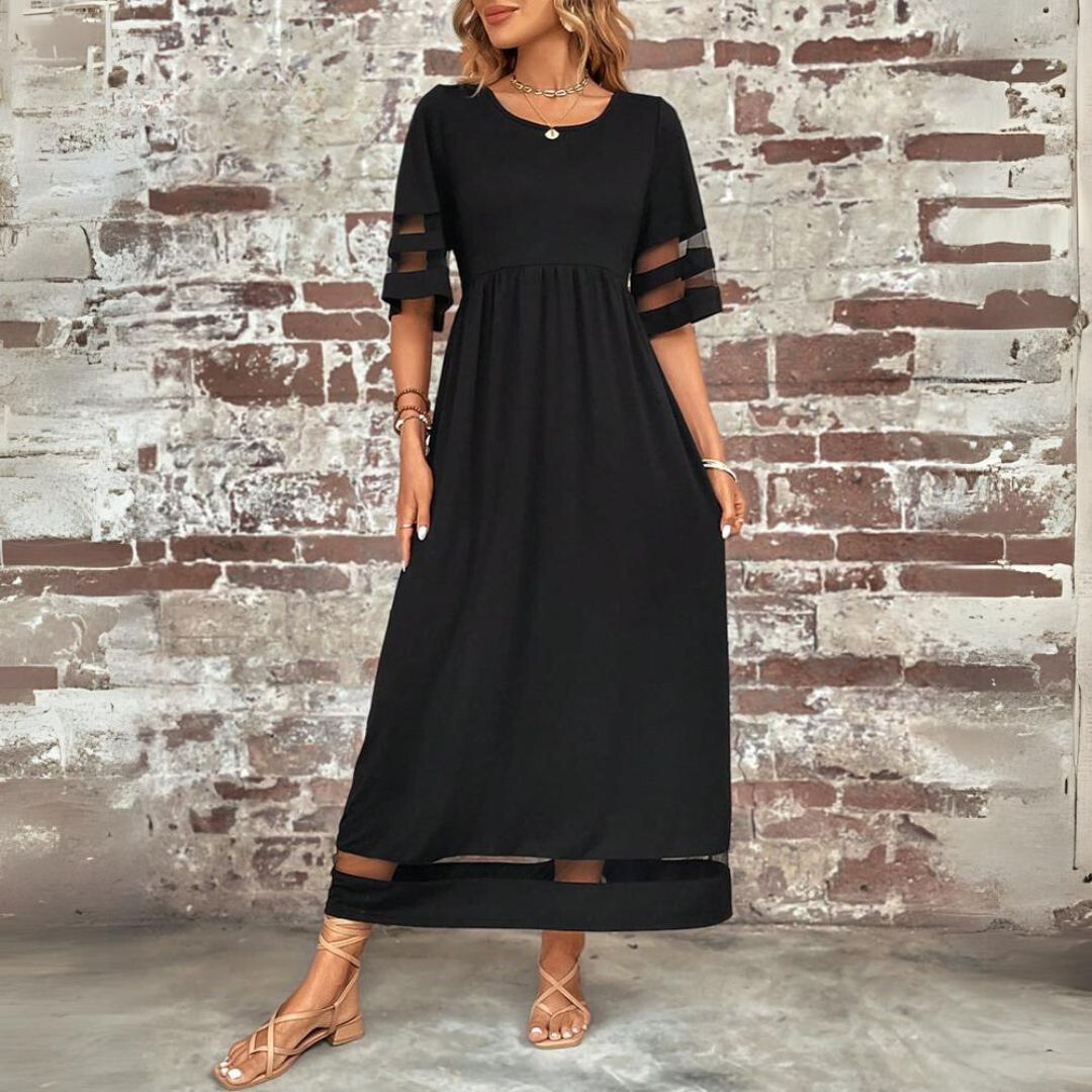 Leocadia | Solid-Tone Empire Waist Midi Sundress with Three Quarter Sleeves and Mesh Detail