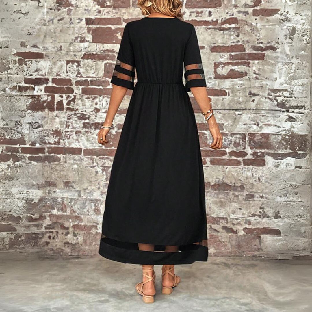 Leocadia | Solid-Tone Empire Waist Midi Sundress with Three Quarter Sleeves and Mesh Detail