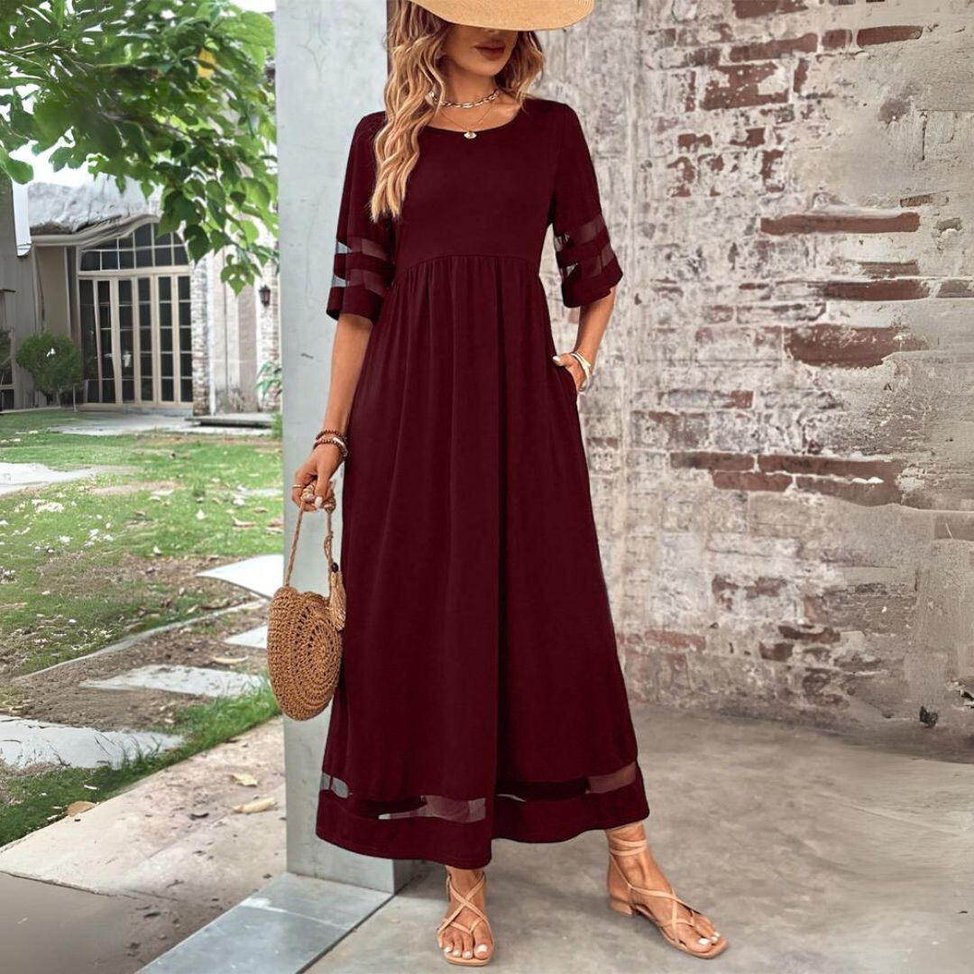 Leocadia | Solid-Tone Empire Waist Midi Sundress with Three Quarter Sleeves and Mesh Detail
