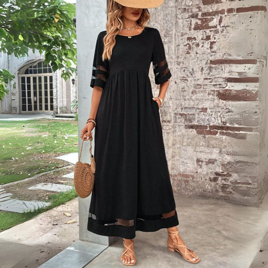 Leocadia | Solid-Tone Empire Waist Midi Sundress with Three Quarter Sleeves and Mesh Detail