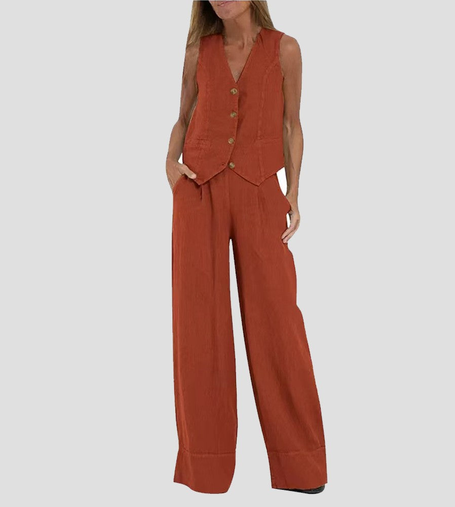 Lauren | Women's Sleeveless V-Neck Vest & Wide-Leg Pants Set