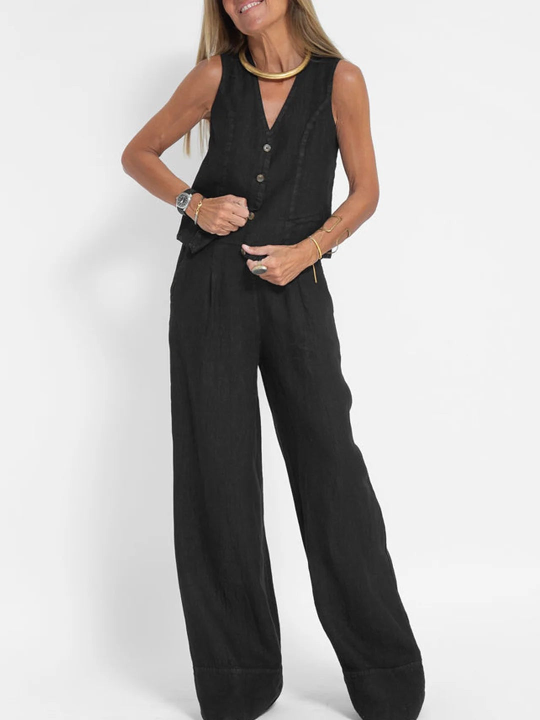 Lauren | Women's Sleeveless V-Neck Vest & Wide-Leg Pants Set