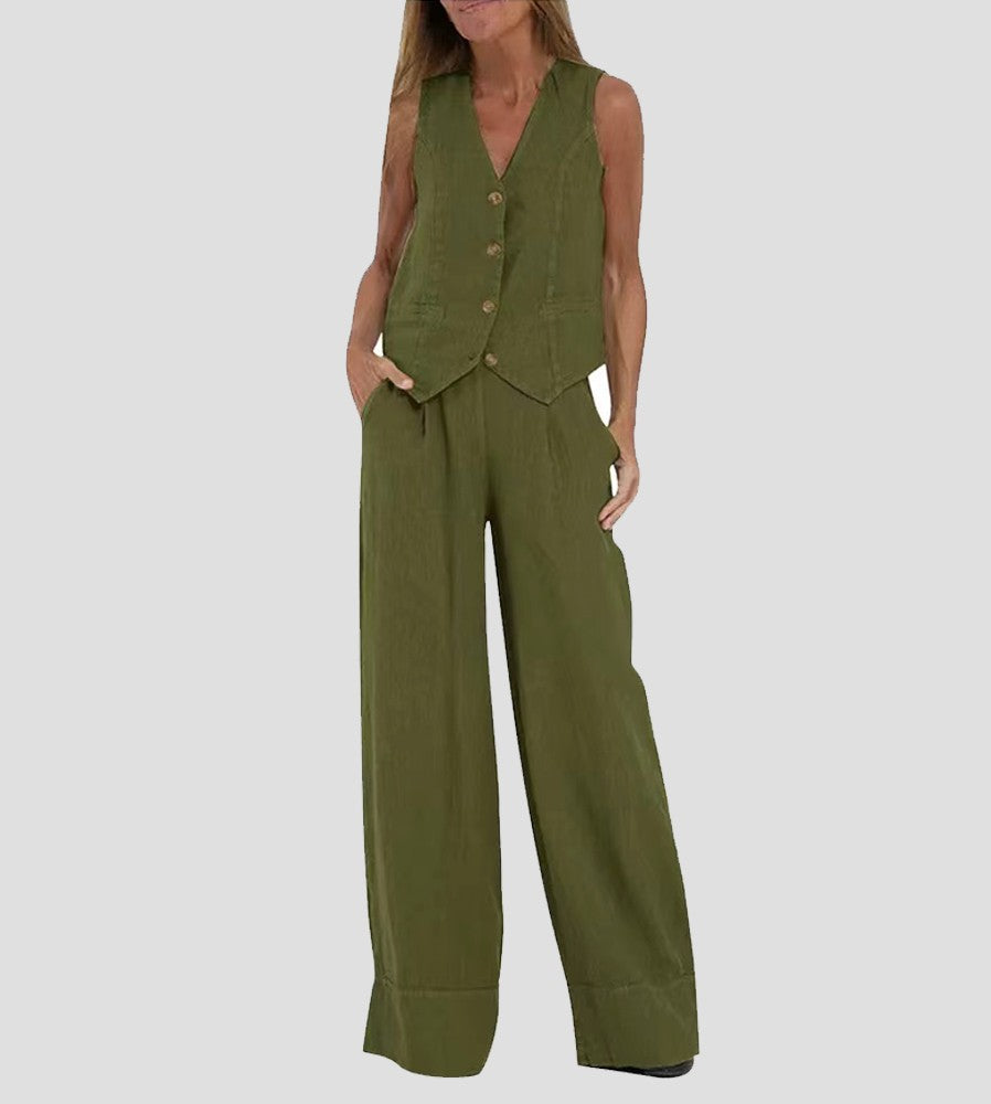 Lauren | Women's Sleeveless V-Neck Vest & Wide-Leg Pants Set