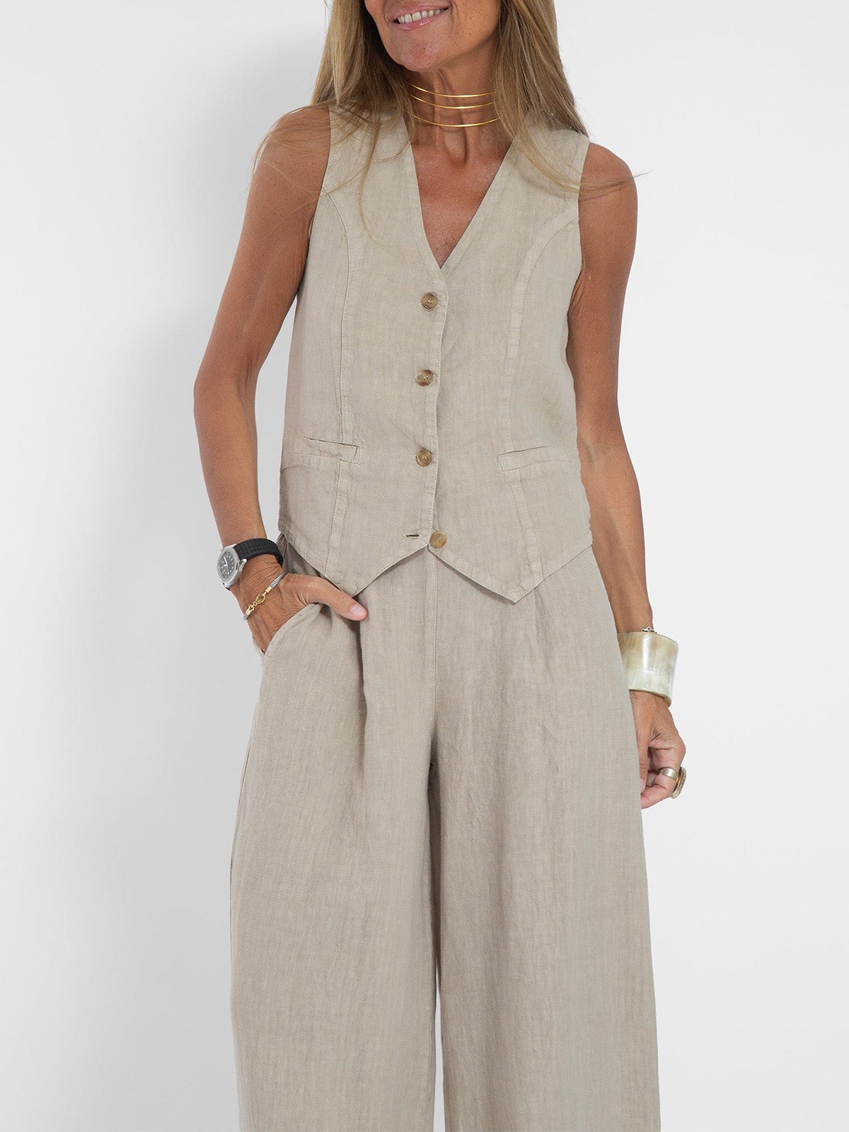 Lauren | Women's Sleeveless V-Neck Vest & Wide-Leg Pants Set