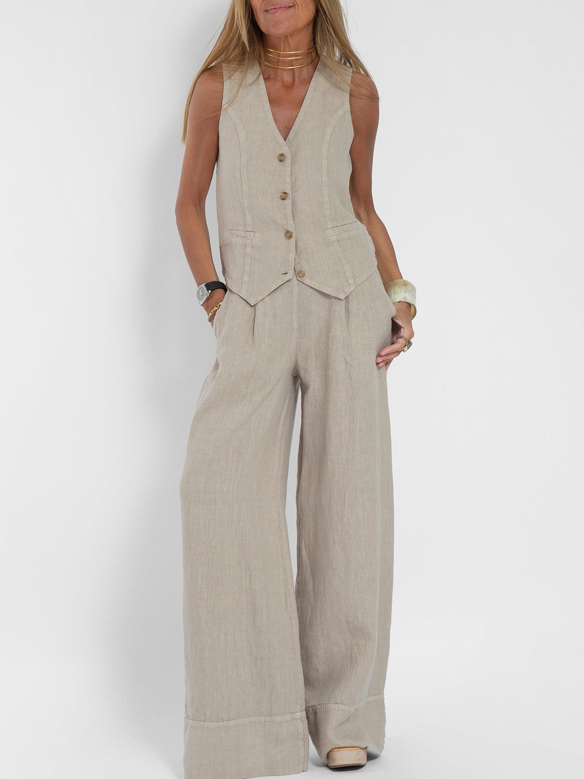 Lauren | Women's Sleeveless V-Neck Vest & Wide-Leg Pants Set