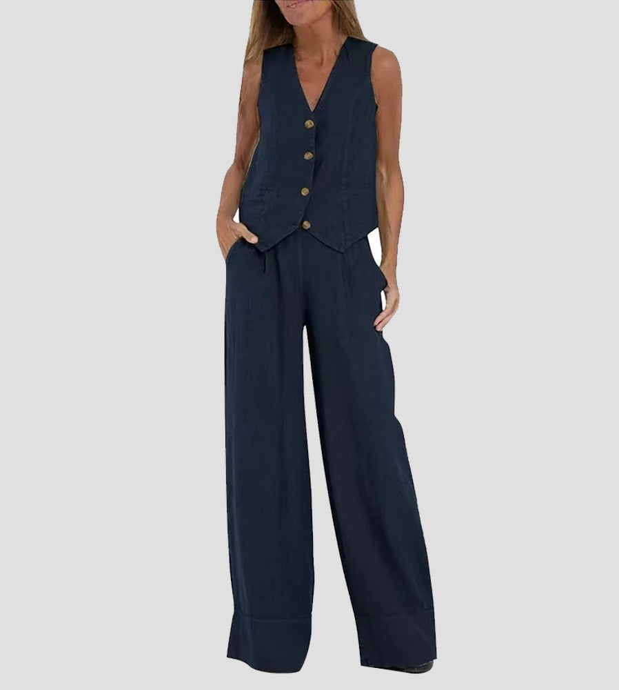 Lauren | Women's Sleeveless V-Neck Vest & Wide-Leg Pants Set