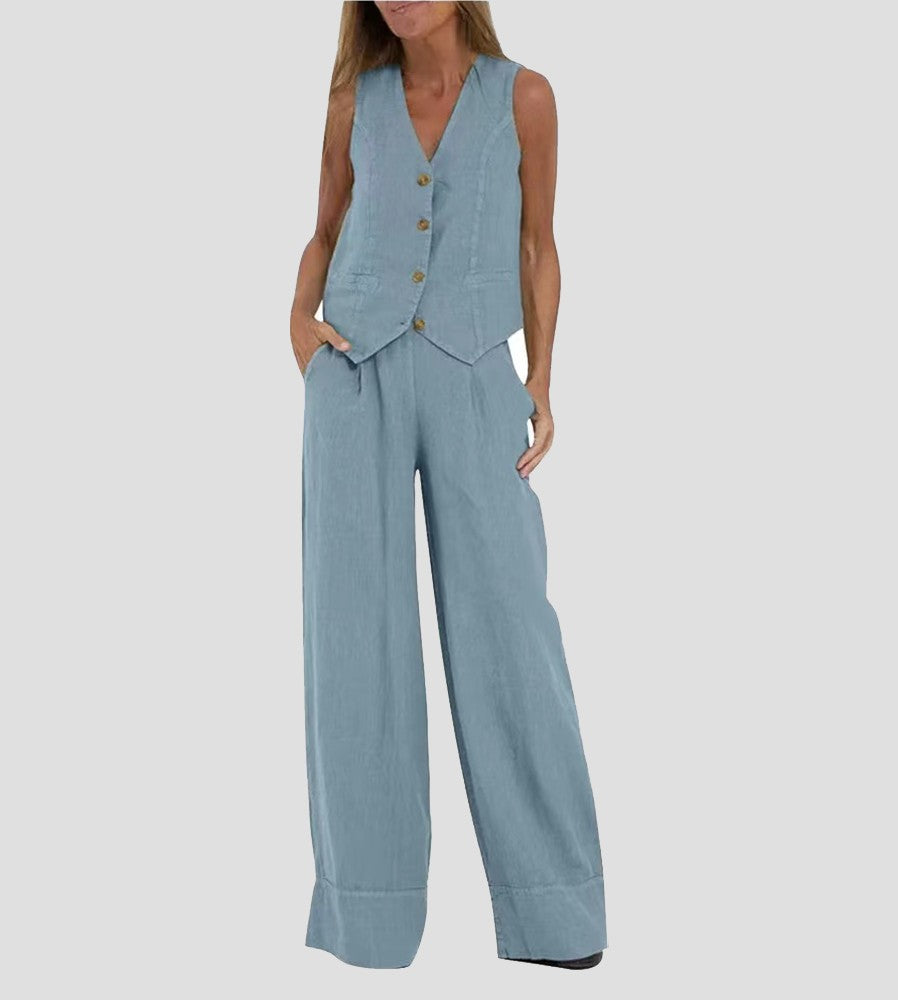 Lauren | Women's Sleeveless V-Neck Vest & Wide-Leg Pants Set