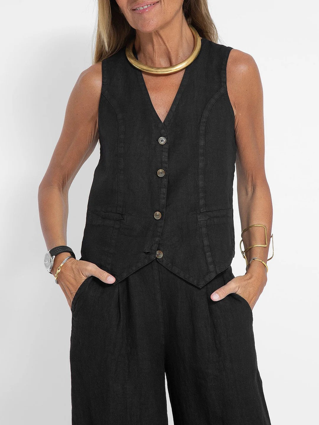 Lauren | Women's Sleeveless V-Neck Vest & Wide-Leg Pants Set