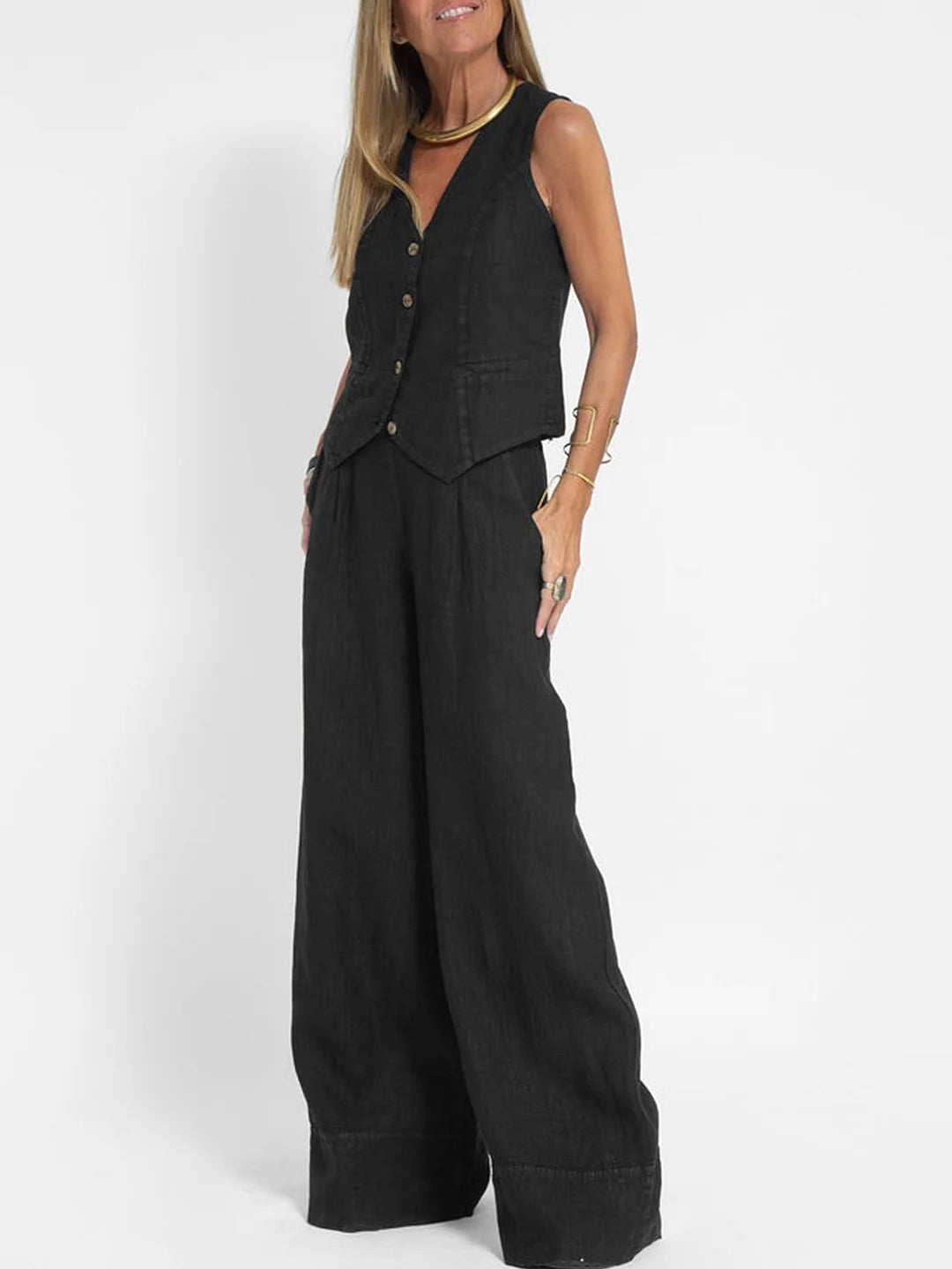 Lauren | Women's Sleeveless V-Neck Vest & Wide-Leg Pants Set