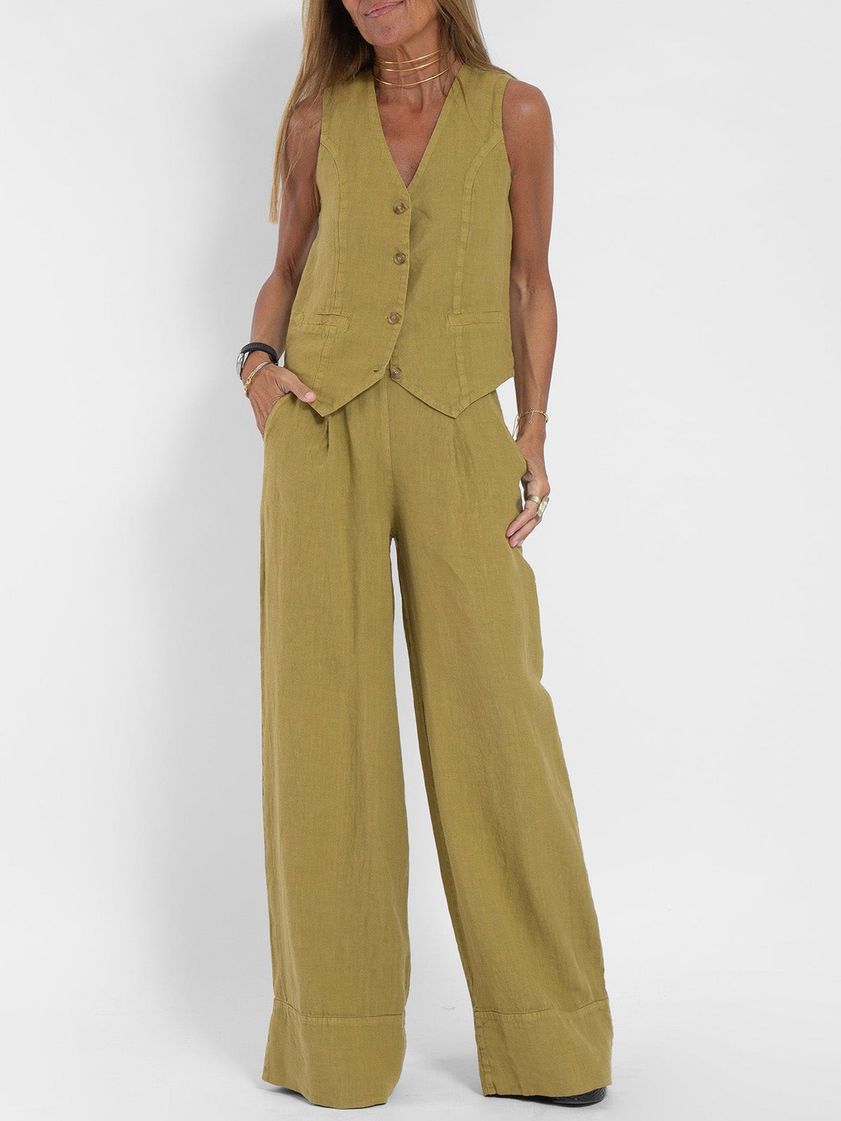 Lauren | Women's Sleeveless V-Neck Vest & Wide-Leg Pants Set