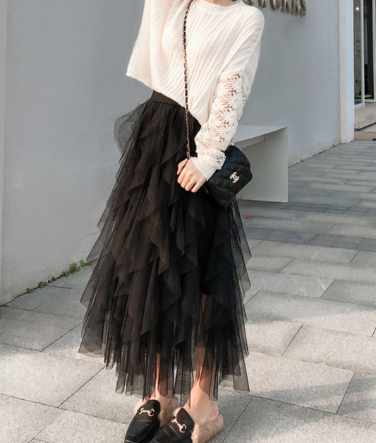 Adalynn | Layered Mesh Maxi Skirt with Ruffles and Elastic Waist