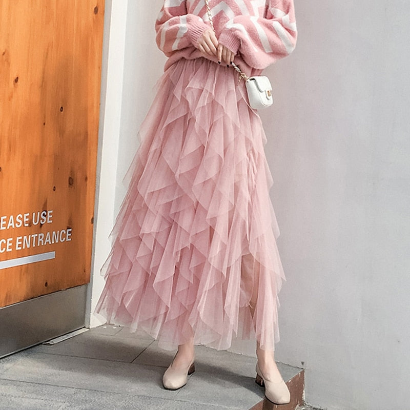 Adalynn | Layered Mesh Maxi Skirt with Ruffles and Elastic Waist