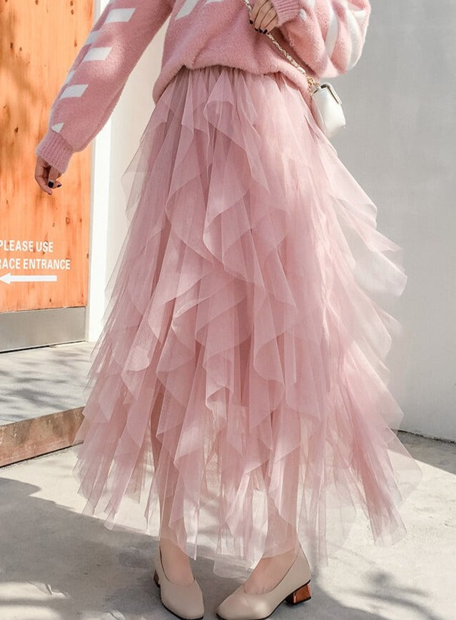 Adalynn | Layered Mesh Maxi Skirt with Ruffles and Elastic Waist
