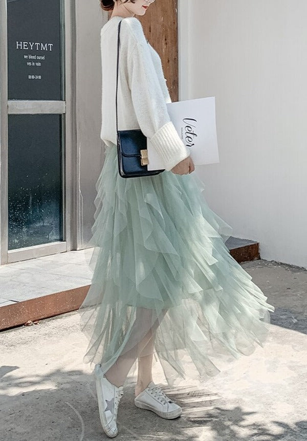 Adalynn | Layered Mesh Maxi Skirt with Ruffles and Elastic Waist