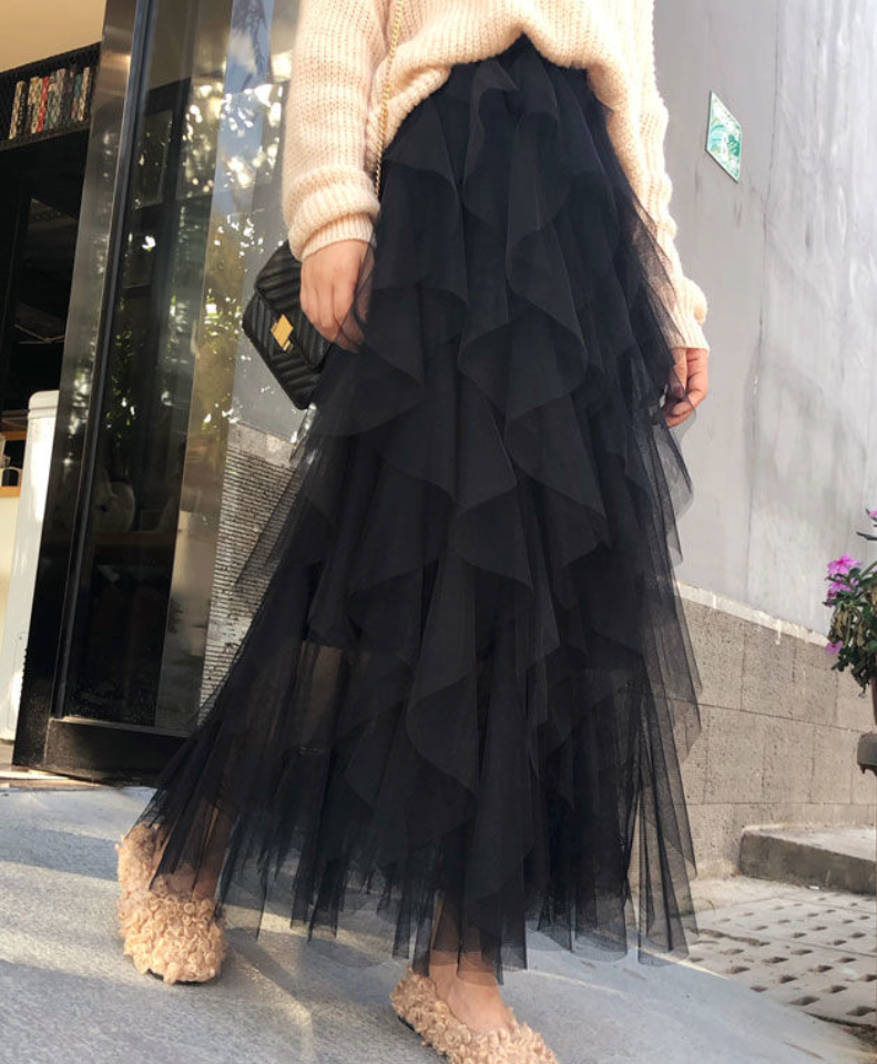 Adalynn | Layered Mesh Maxi Skirt with Ruffles and Elastic Waist