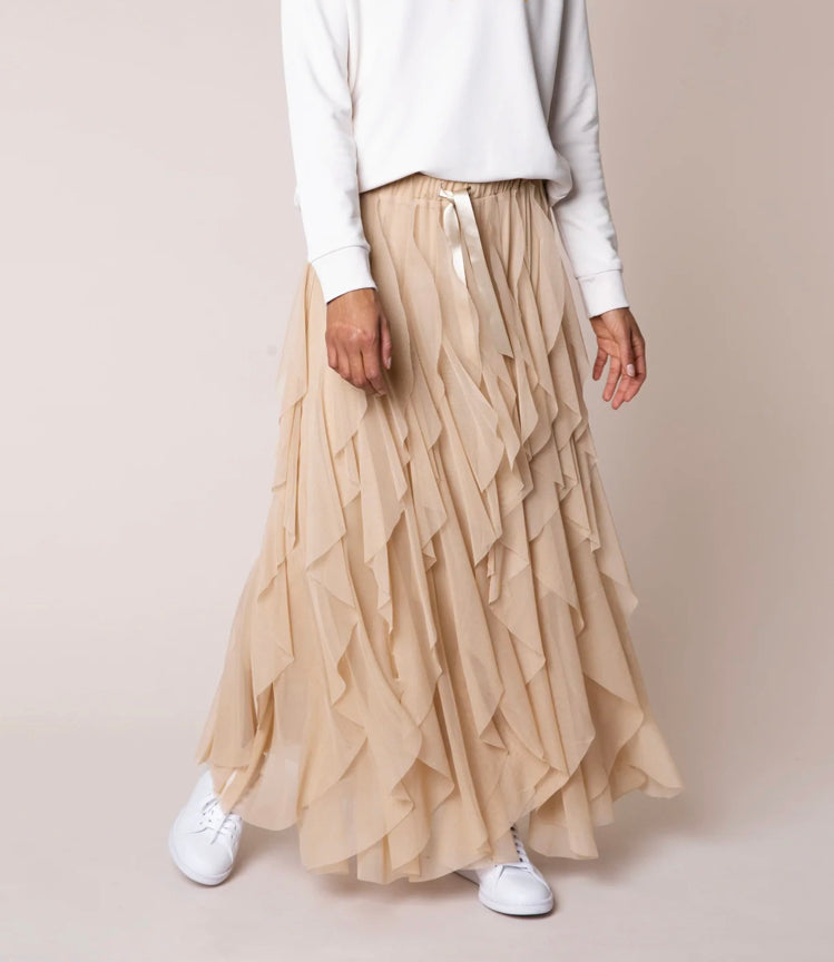 Adalynn | Layered Mesh Maxi Skirt with Ruffles and Elastic Waist