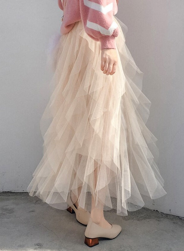 Adalynn | Layered Mesh Maxi Skirt with Ruffles and Elastic Waist