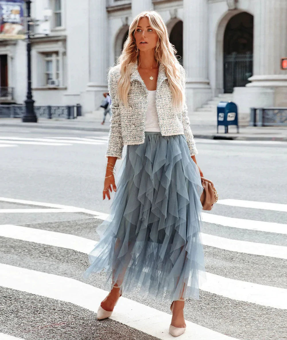 Adalynn | Layered Mesh Maxi Skirt with Ruffles and Elastic Waist