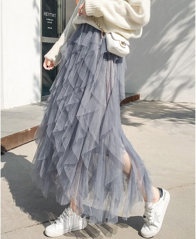 Adalynn | Layered Mesh Maxi Skirt with Ruffles and Elastic Waist