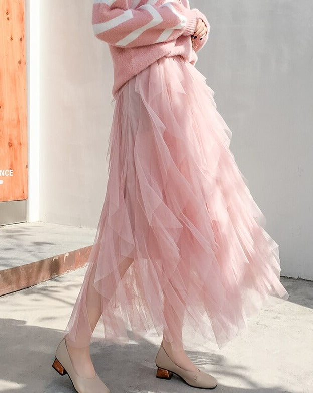 Adalynn | Layered Mesh Maxi Skirt with Ruffles and Elastic Waist