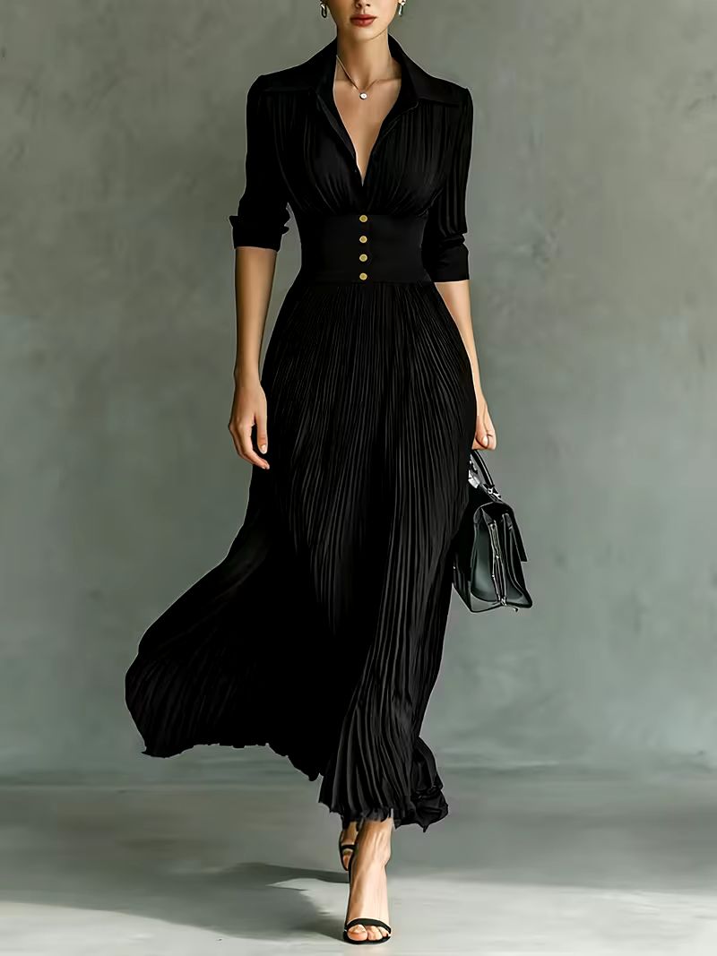 Shailene | Dressy Maxi Dress with Pleated Skirt and Lapel Collar