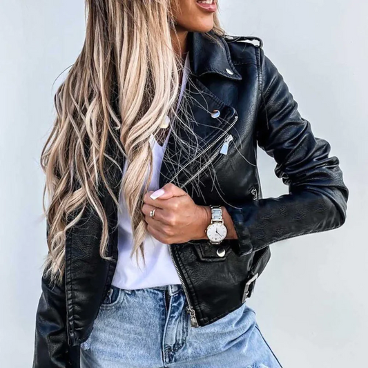 Verlaine | Leather Biker Jacket with Belted Waist and Zip Pockets