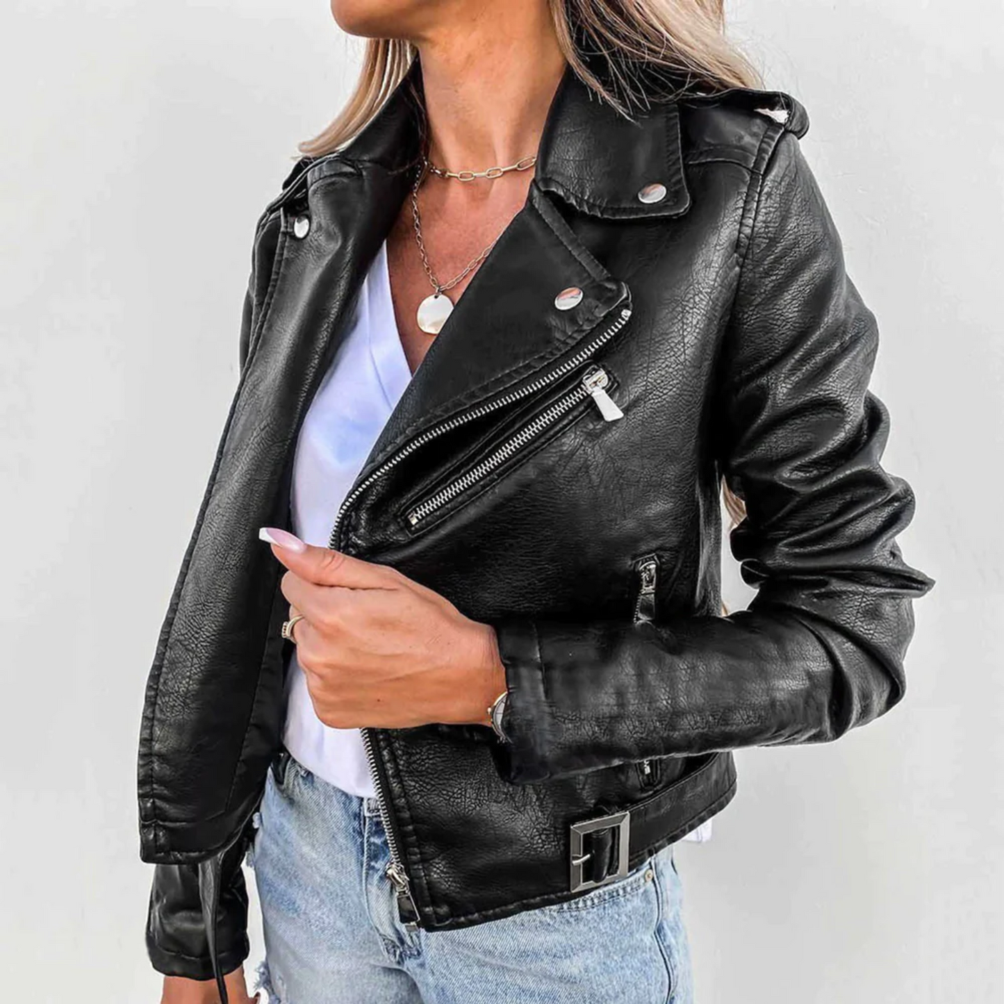 Verlaine | Leather Biker Jacket with Belted Waist and Zip Pockets