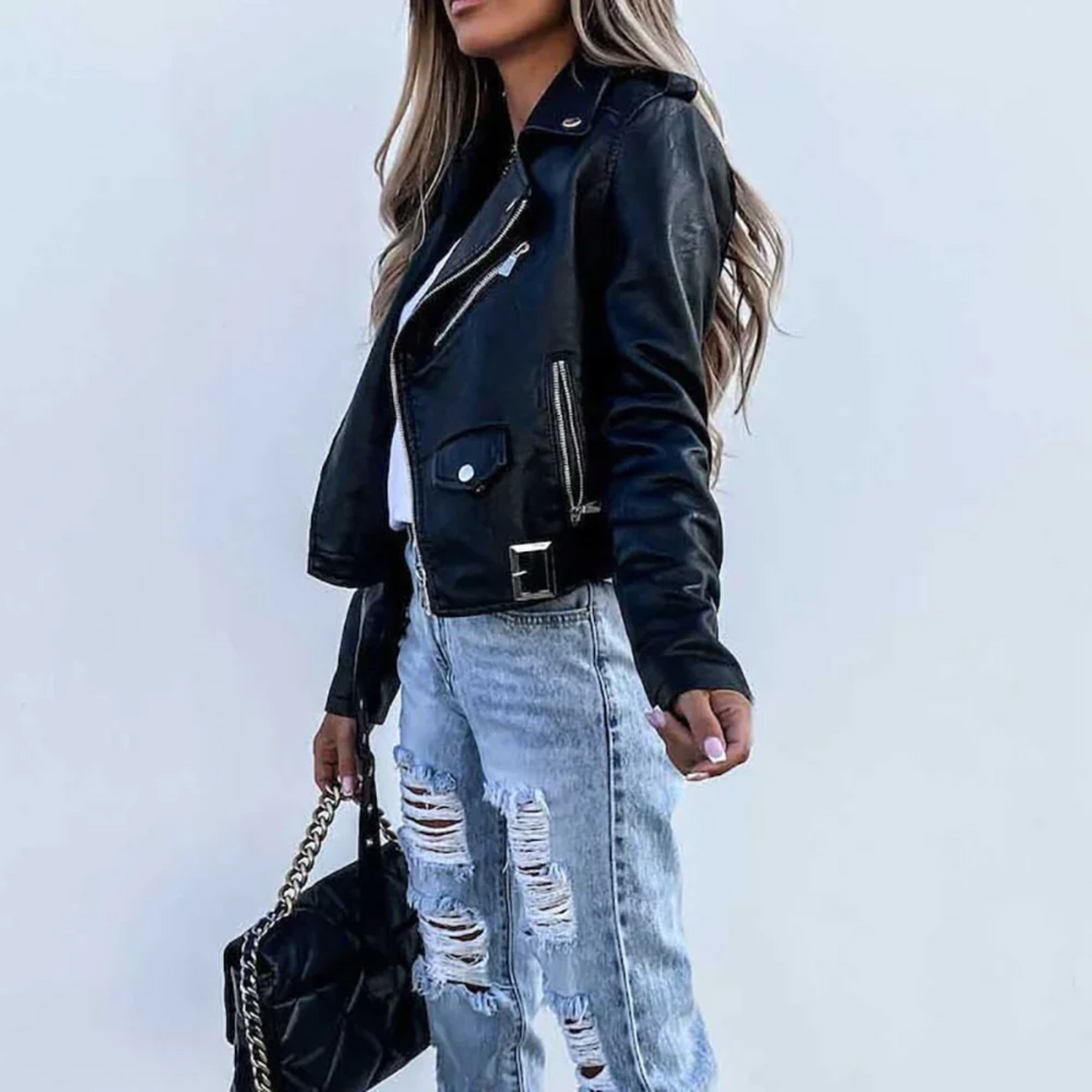 Verlaine | Leather Biker Jacket with Belted Waist and Zip Pockets