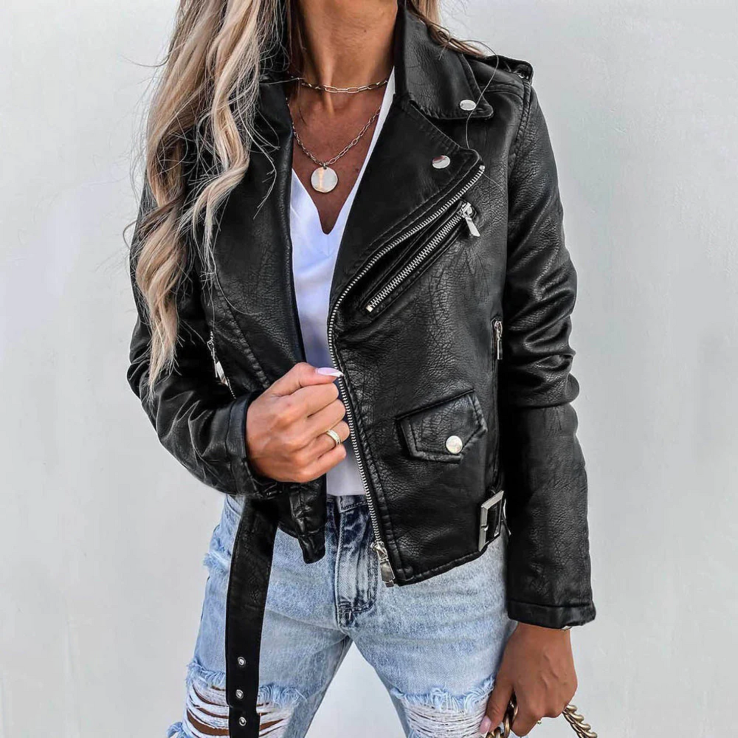 Verlaine | Leather Biker Jacket with Belted Waist and Zip Pockets