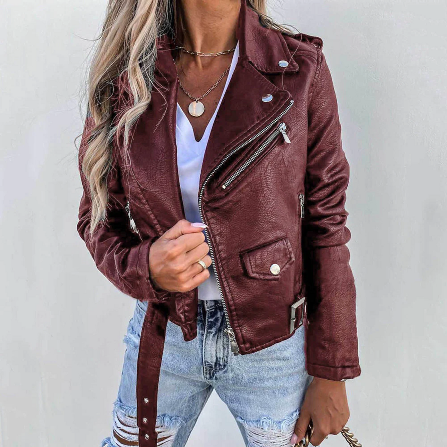 Verlaine | Leather Biker Jacket with Belted Waist and Zip Pockets
