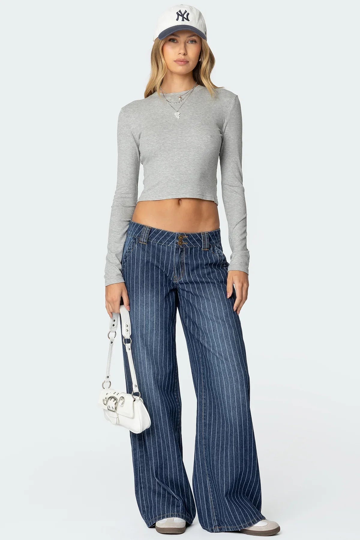 Lisette | Low Rise Denim Jeans with Wide Legs and Pinstripes
