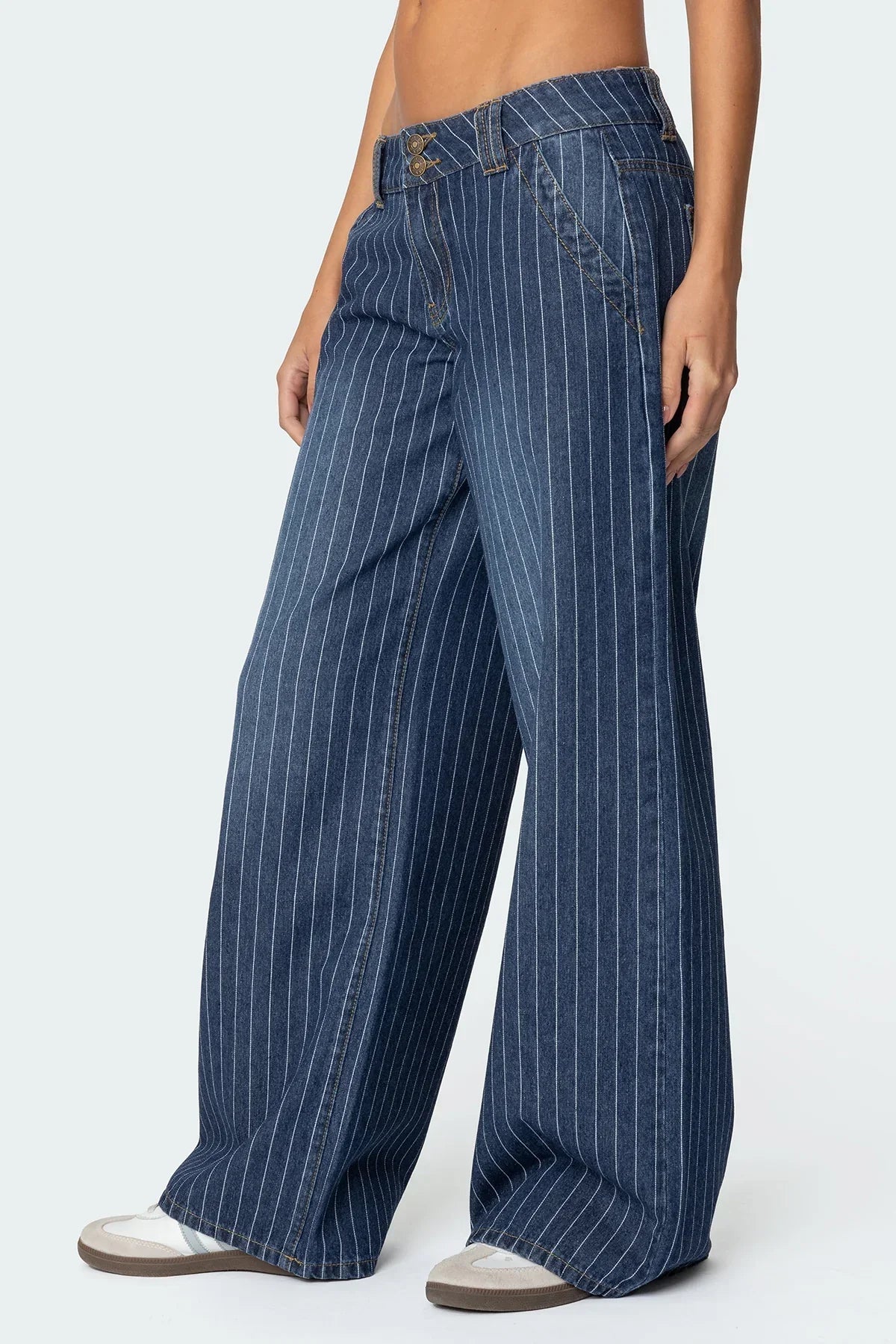 Lisette | Low Rise Denim Jeans with Wide Legs and Pinstripes