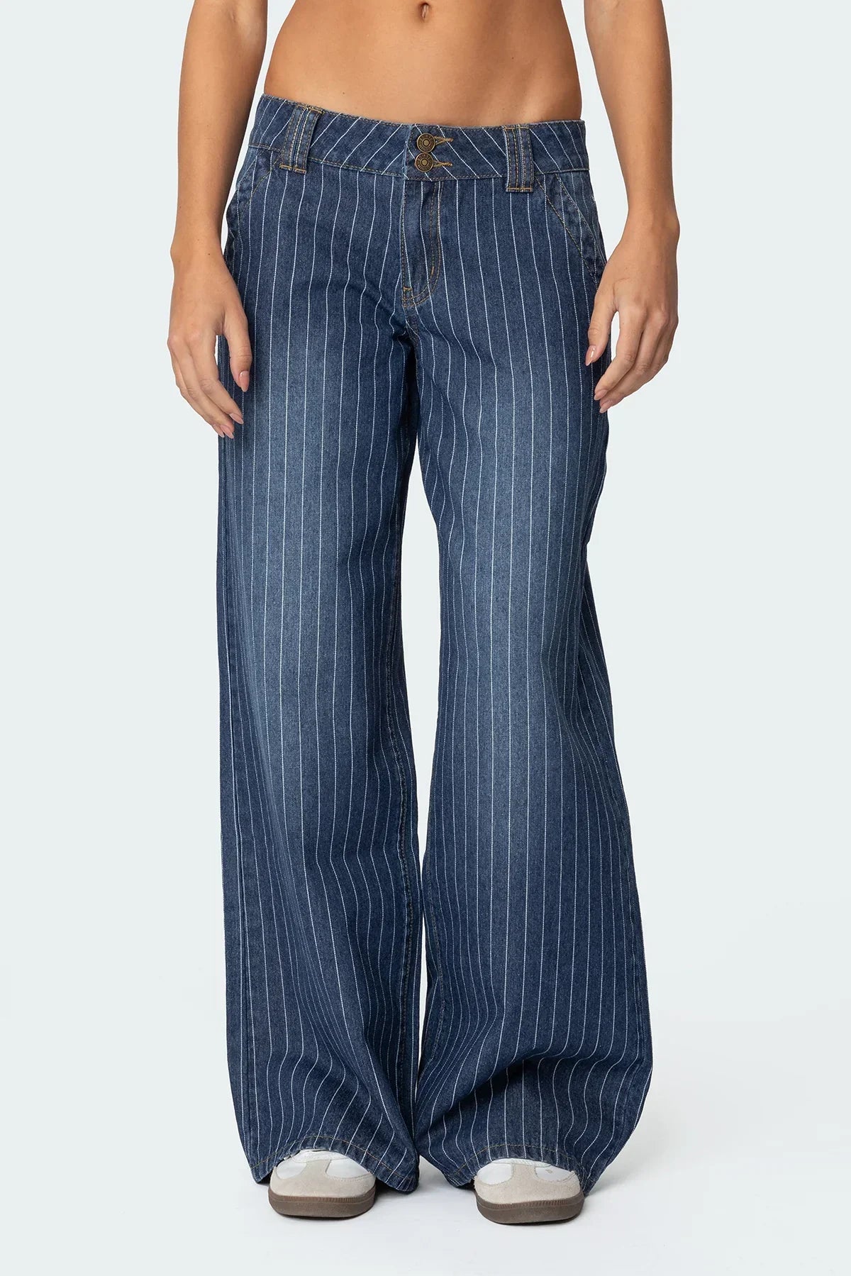 Lisette | Low Rise Denim Jeans with Wide Legs and Pinstripes