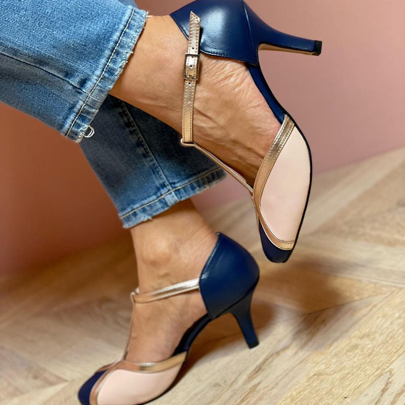 Zinnia | T-Strap Pumps with Buckle Strap and Round Toe