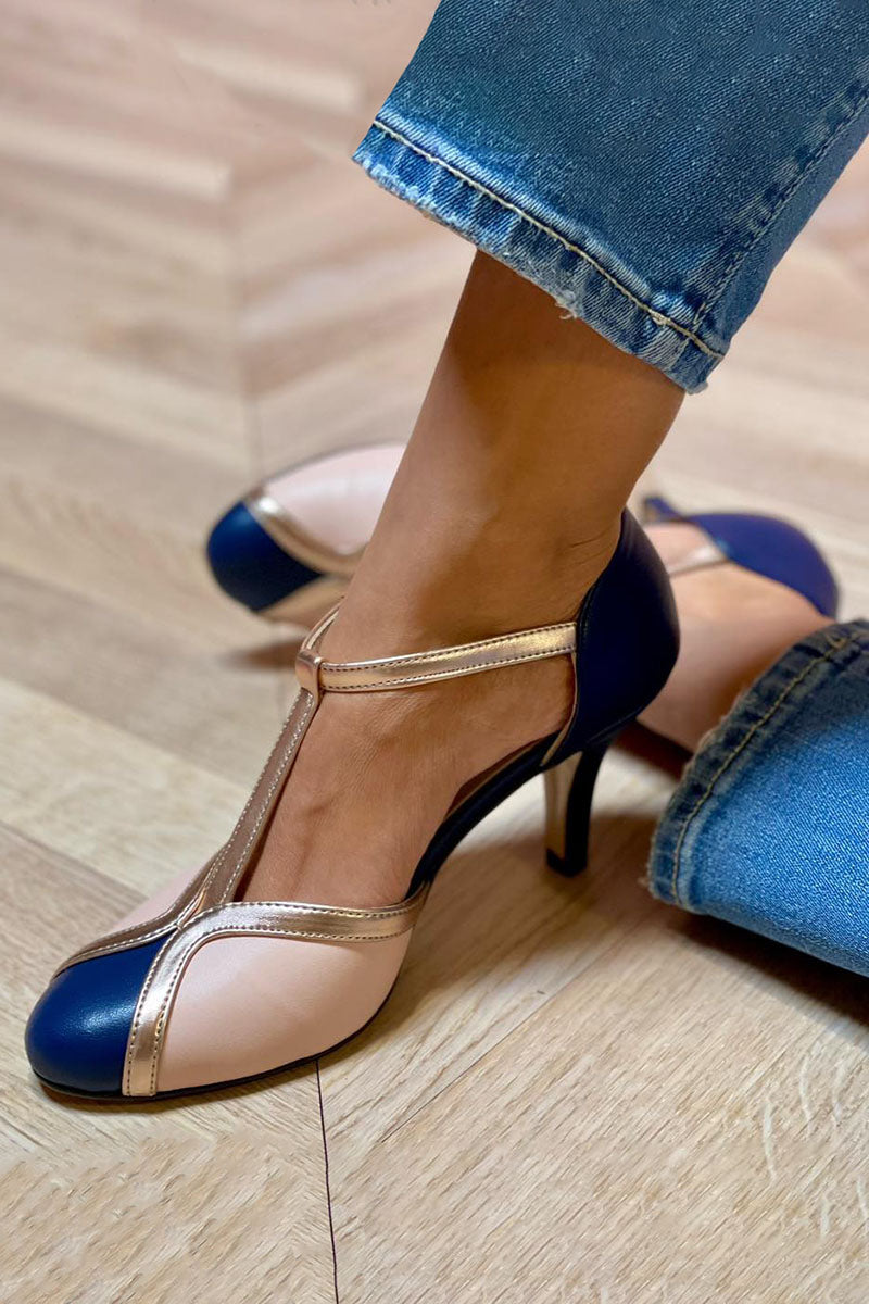 Zinnia | T-Strap Pumps with Buckle Strap and Round Toe