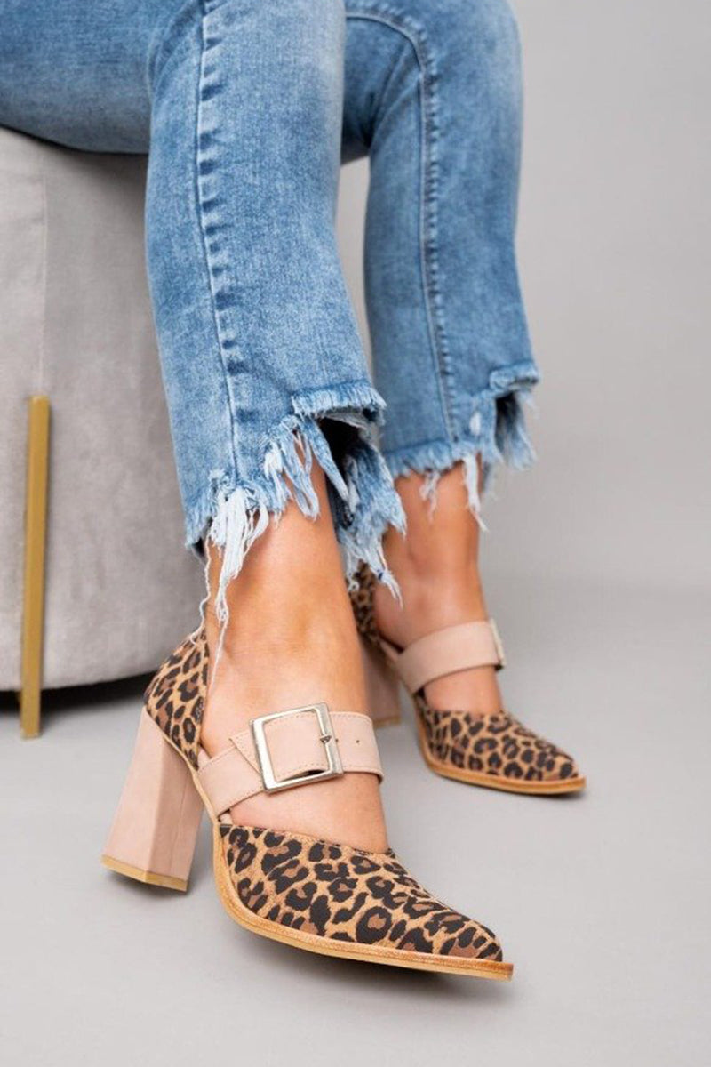 Kerensa | Buckle-Strap Block Heel Pumps with Leopard Print