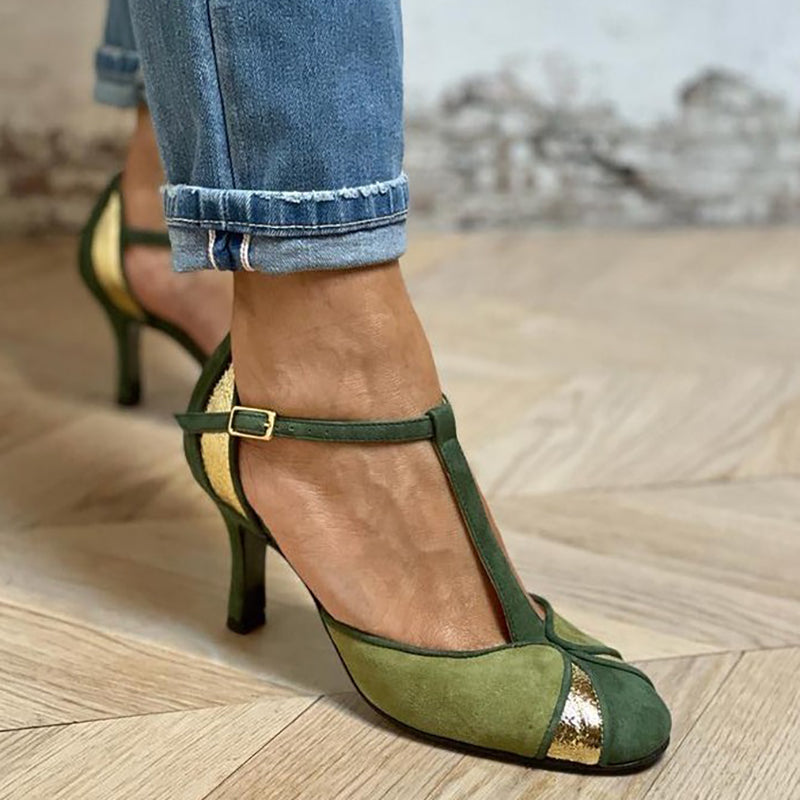 Oceanna | Patchwork T-Strap Heels with Buckle Strap and Closed Toe