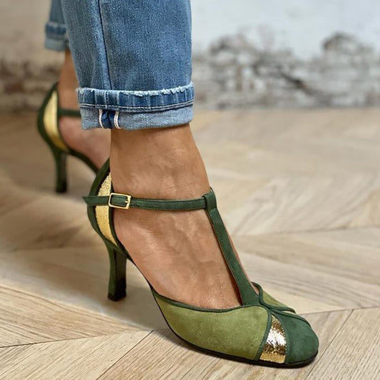 Oceanna | Patchwork T-Strap Heels with Buckle Strap and Closed Toe