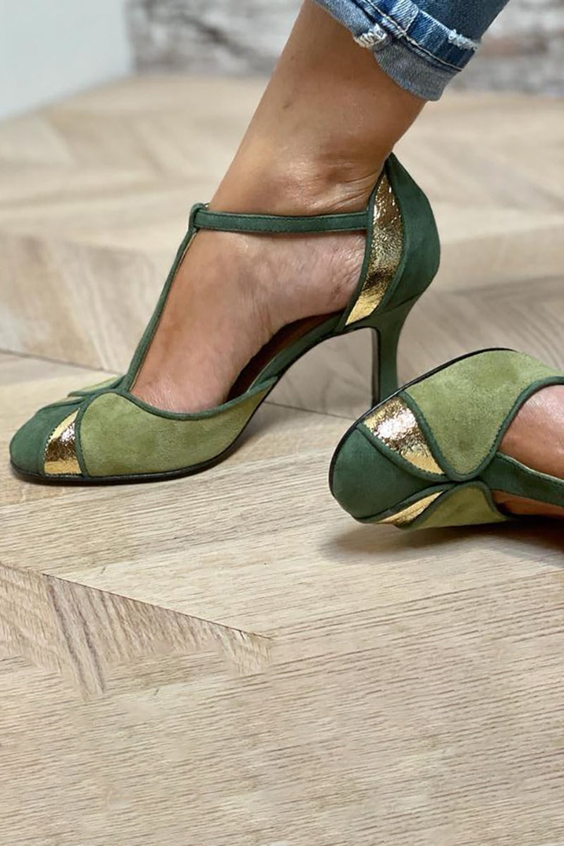 Oceanna | Patchwork T-Strap Heels with Buckle Strap and Closed Toe