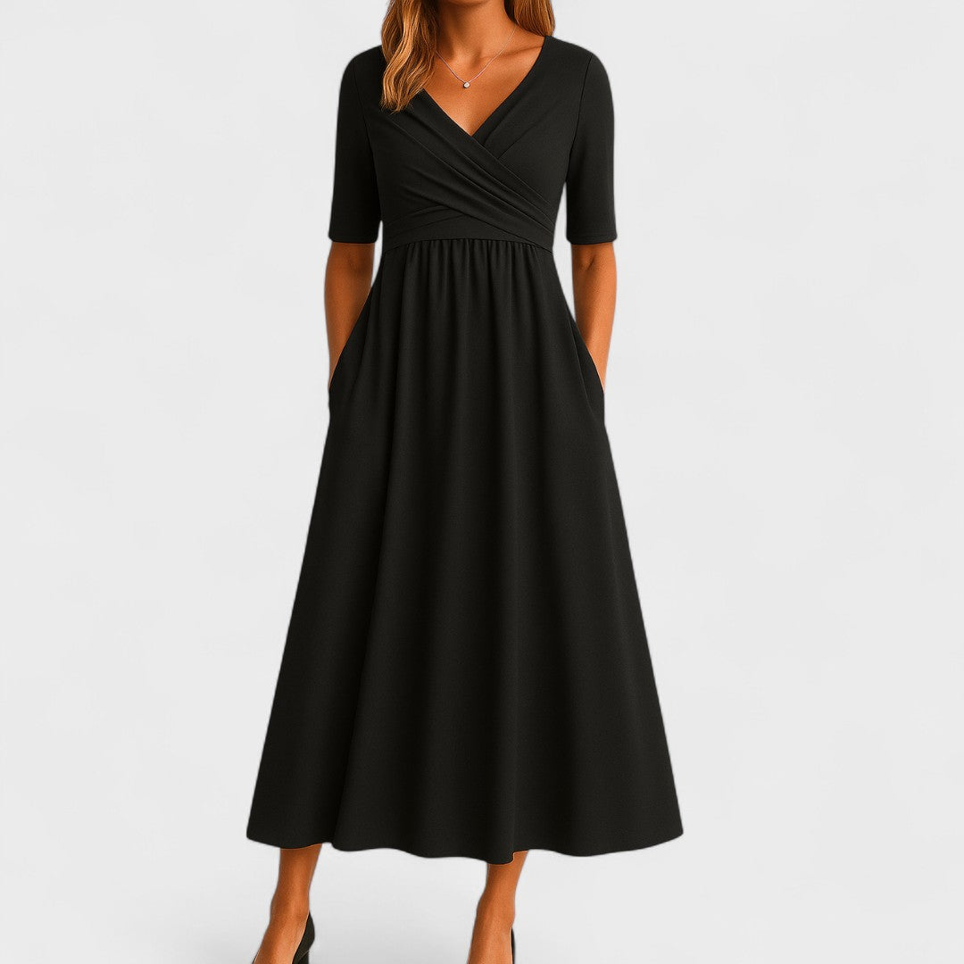 Morgause | Midi Dress with Short Sleeves and V Neck