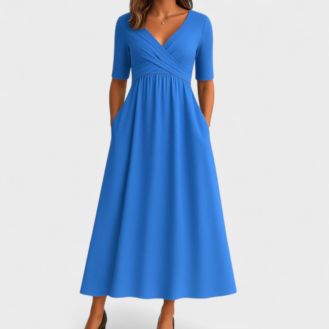 Morgause | Midi Dress with Short Sleeves and V Neck