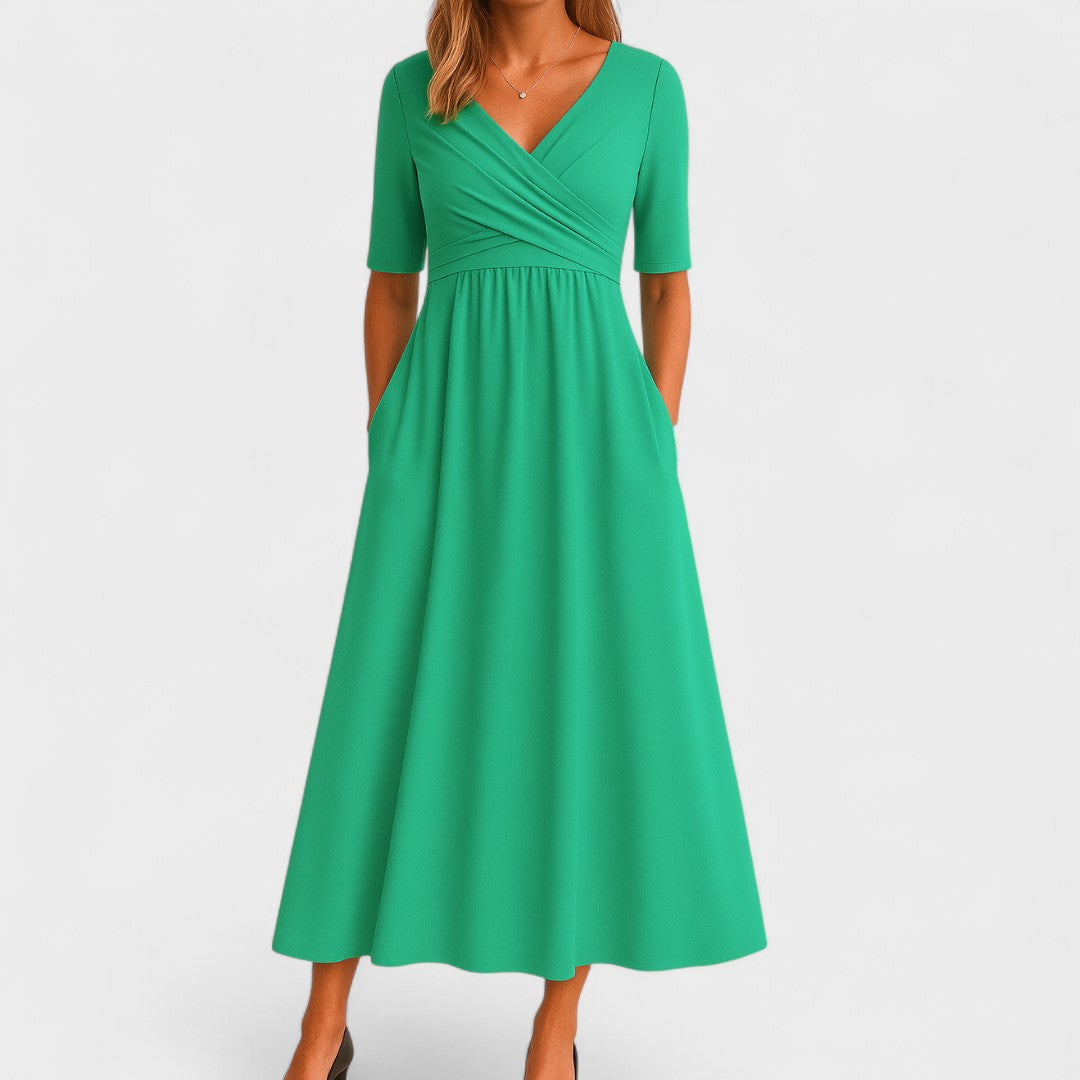 Morgause | Midi Dress with Short Sleeves and V Neck