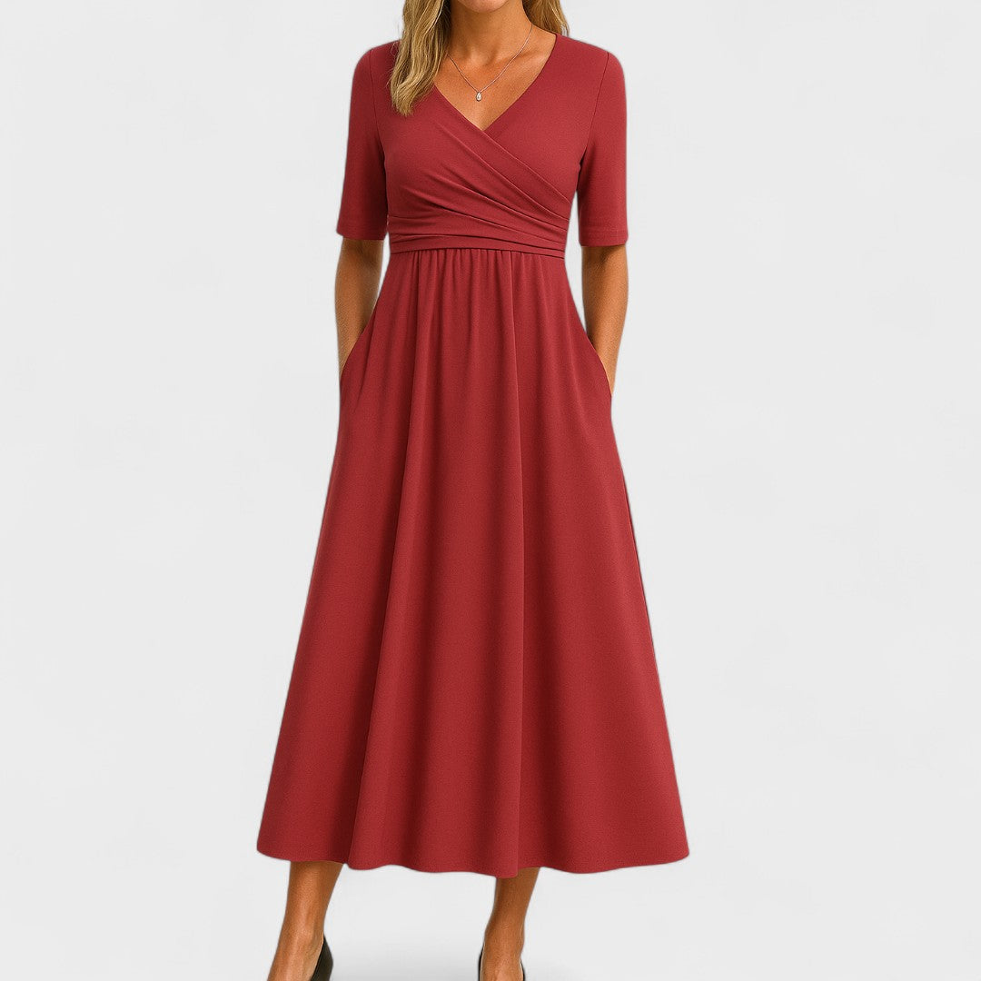 Morgause | Midi Dress with Short Sleeves and V Neck